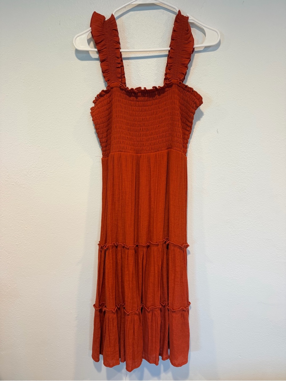 As U Wish Rust Ruffled Smocked Midi Dress